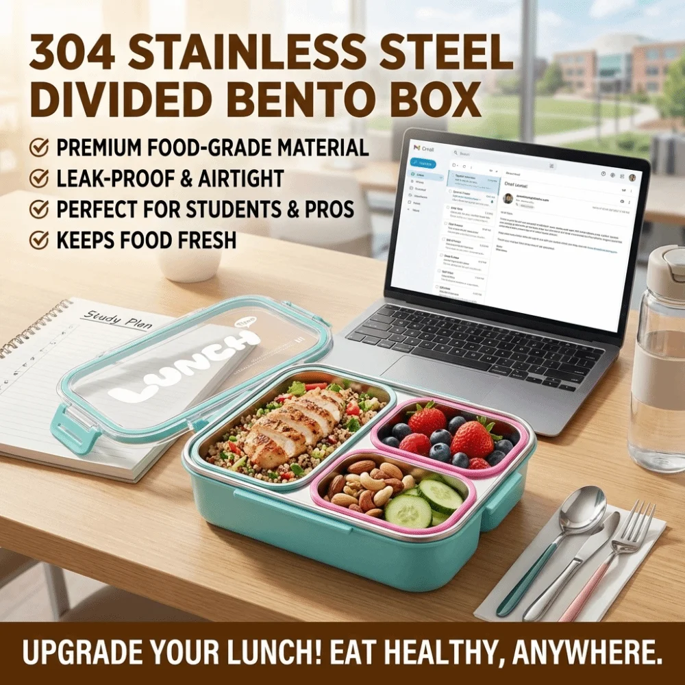 Portable Stainless Steel Lunch Box Divided Sealed Camping Food Container Food Grade Leakproof Storage Box School Office