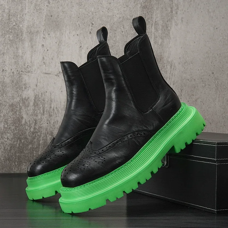 Luxury Designer Men Chelsea Boots Genuine Leather Fashion Bullock Thick Soled High Top Shoes Men Ankle Boots Botines Hombre