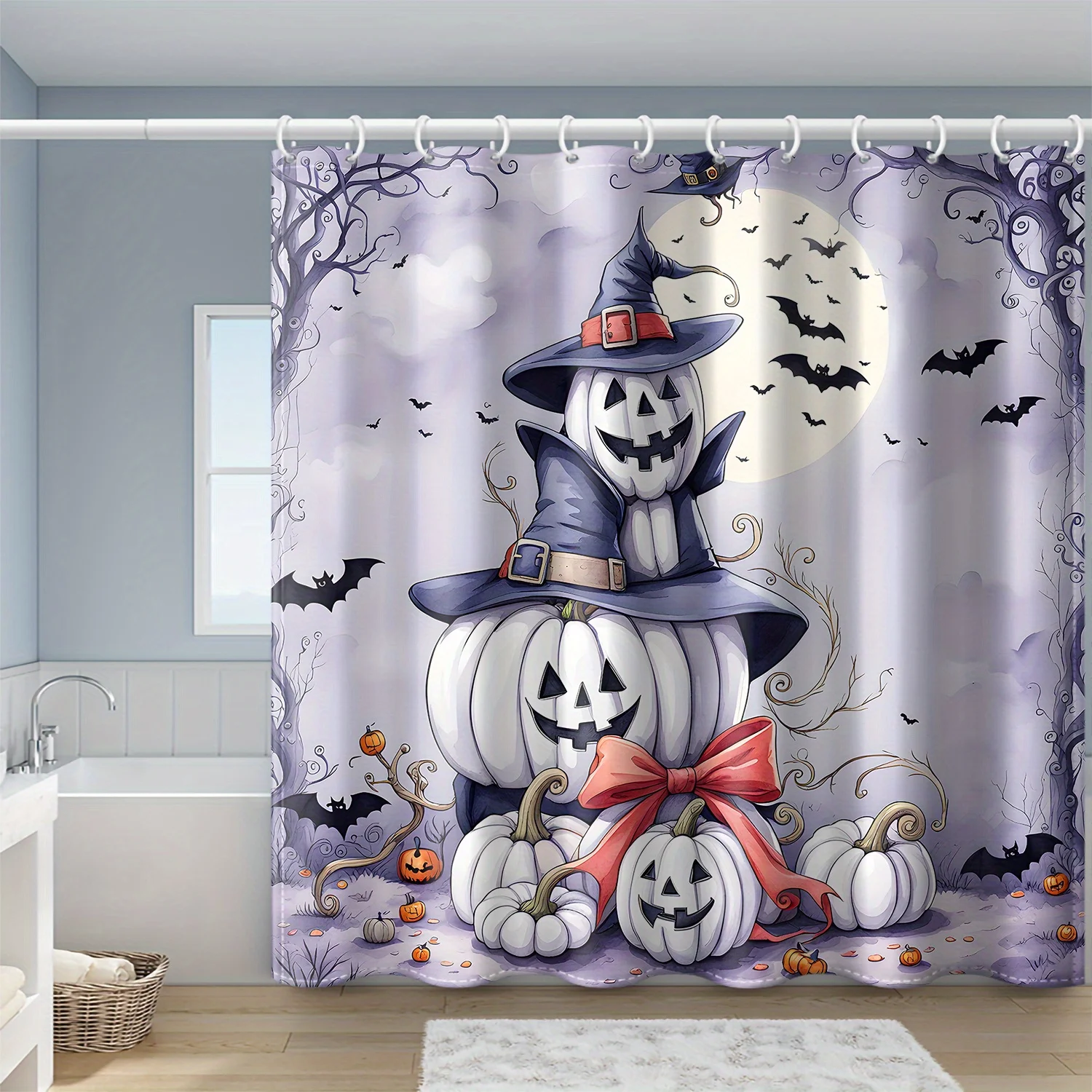 

Хэллоуин Фиолетовая занавеска для душа с капюшоном и принтом тыквы, высококачественная полиэфирная ткань с крючками