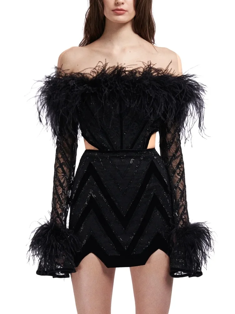 

Black Feather Detail Mesh Backless Crop Tops & High Waisted Mini Skirt Set Women's Y2K Sytle 2-Piece Set Summer Clubwear