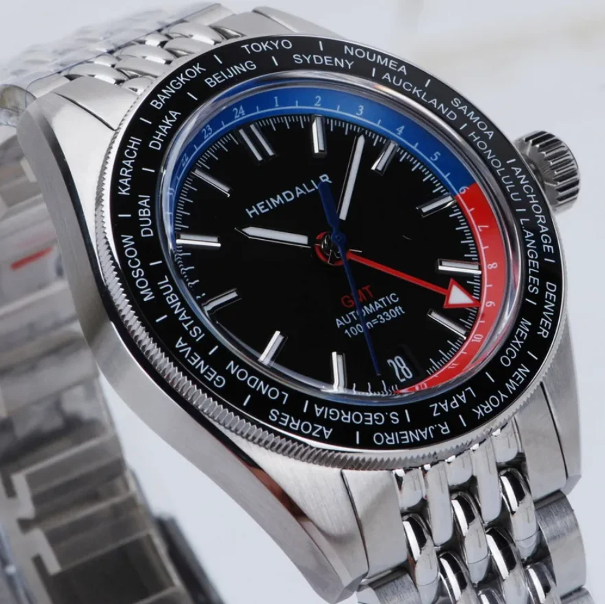 Heimdallr Men Automatic Watch 43mm GMT Mechanical Wristwatch Diver 100m Waterproof BGW-9 Luminous Sapphire NH34 World Time Bezel