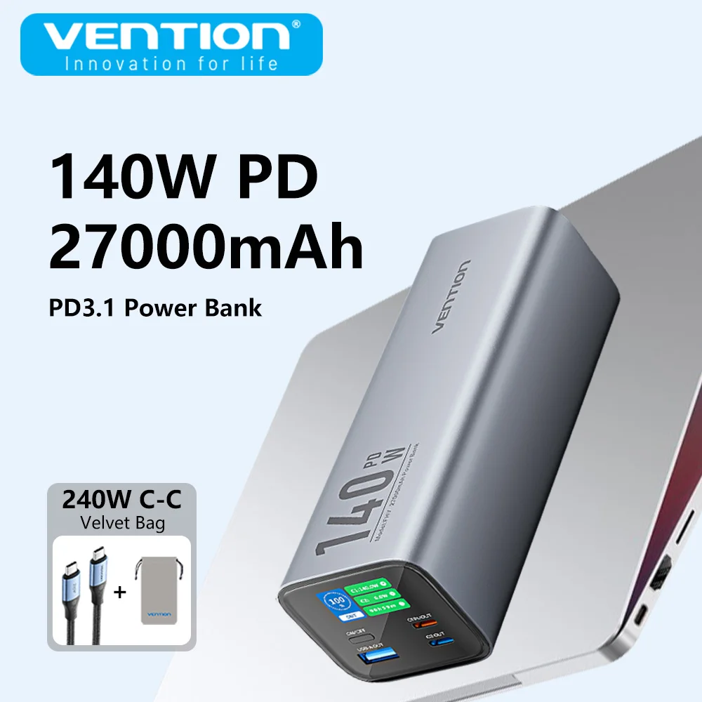 

Vention Power Bank 27000 мАч Powerbank 140 Вт Супер быстрая зарядка Портативное зарядное устройство Запасная внешняя батарея для ноутбука Xiaomi Macbook