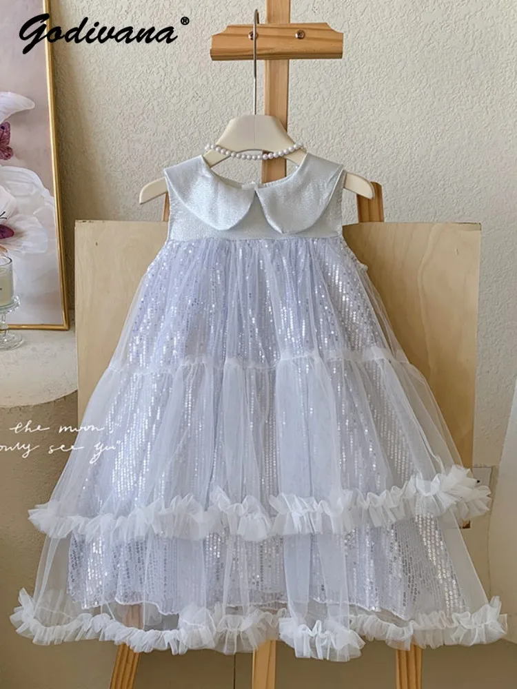 Sweet Baby Girls High-end 2026 New Summer Mesh Princess Sundress Kids Exquisite Sequin Doll Collar Tulle Ruffle Cake Formal Gown