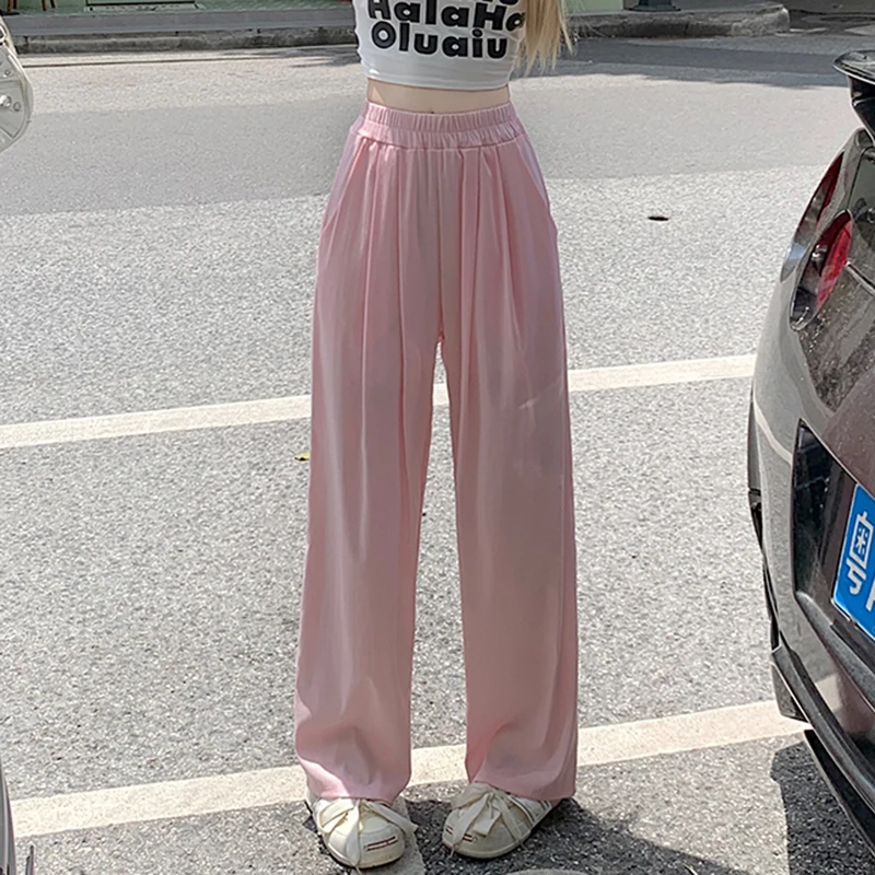 Women Korean Loose Grunge Wide Leg Trousers Lady Fashion High Waisted Elastic Pants Female Casual Black Gray Apricot Pink Slacks