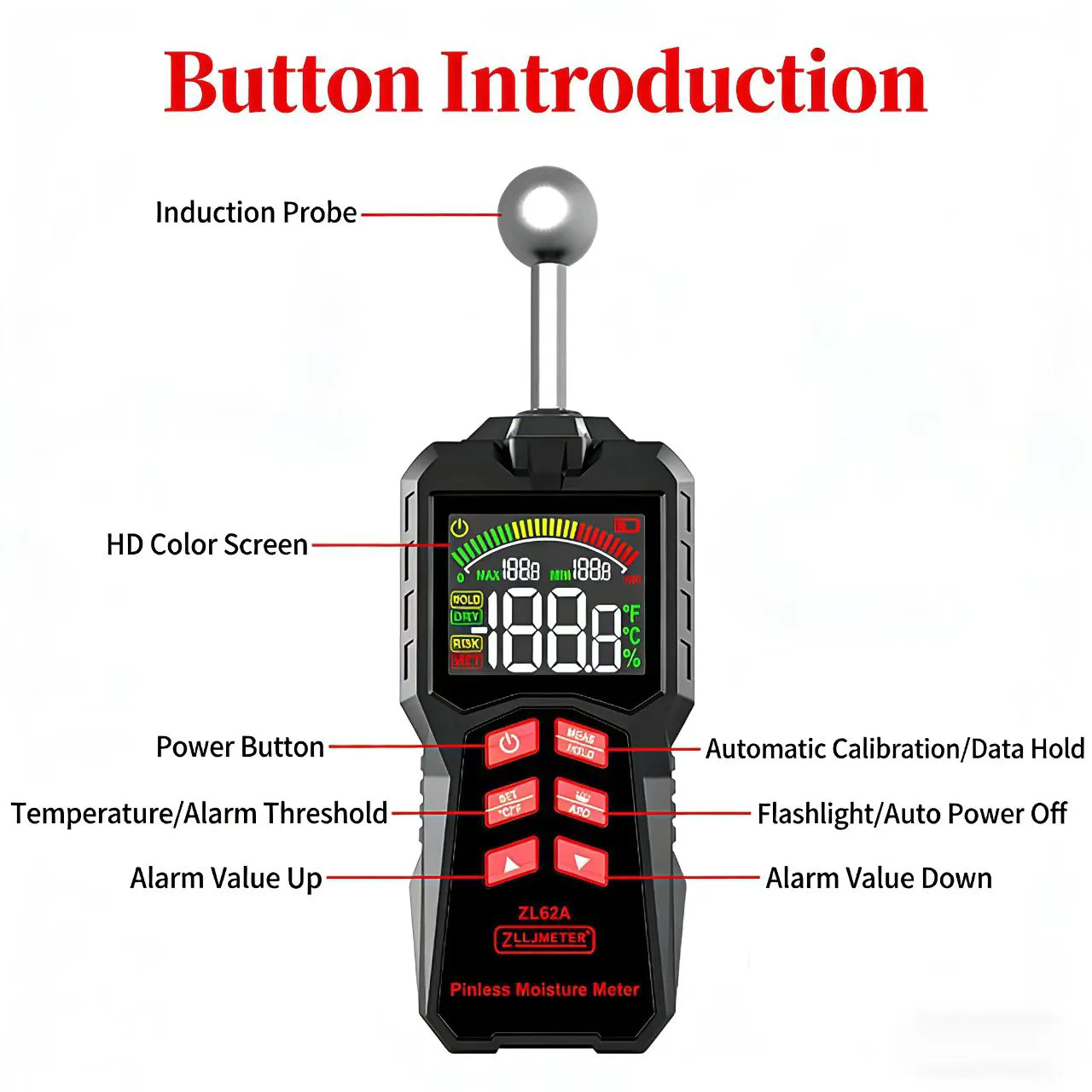 Digital Wood Moisture Meter Non-destructive Spherical Hygrometer Record Humidity Auto Detect Wettest Timber Damp Detector