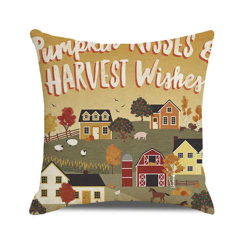 Autumn Thanksgiving Cushion Cover 45x45 cm Home Decorative Linen Pillowcases Cute Animals Fall Defoliation Printed Pillow Cover