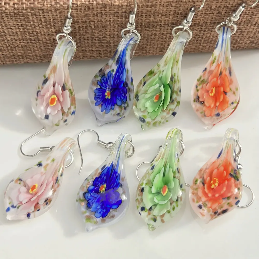 4 sets of Retro Inner Flower Water Droplet Glass Necklace Pendant Earrings Set, Women's National Style Flower Item