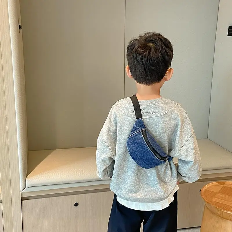 Zipped Closure Denim Waist Bag Crossbody Style Sling Design Waist Pack Casual Style Denim Material Casual Shoulder Bag For Boys