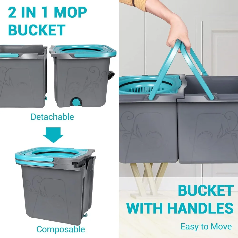 Spin Mop and Bucket with Wringer Set, Stackable Microfiber Mop Bucket Floor Cleaning System, Wet & Dry Mops with 6 Replacement