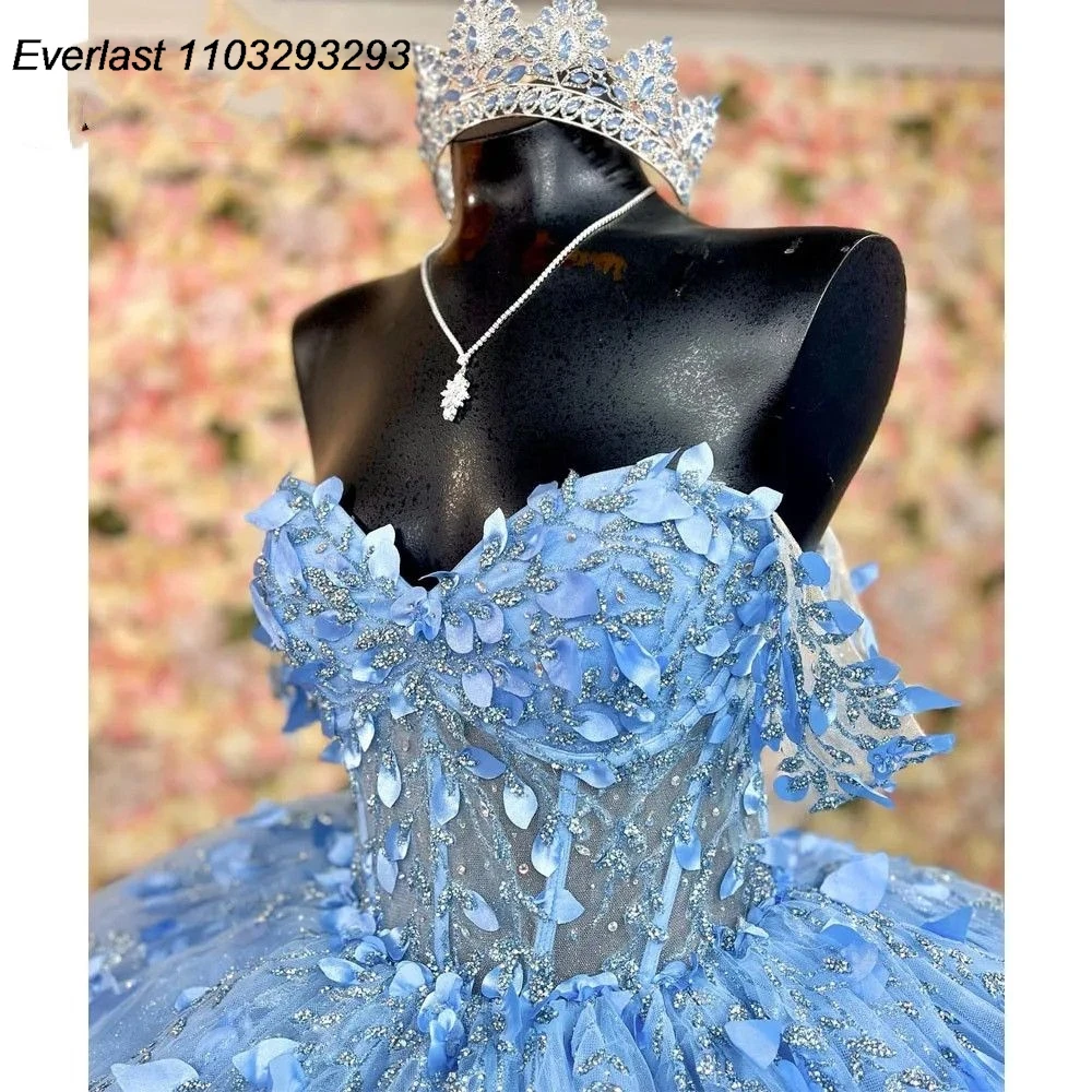 EVLAST Customized Blue Quinceanera Dress Ball Gown Floral Applique Beaded Off Shoulder Sweet 16 Dress Vestido 15 De Años TQD258