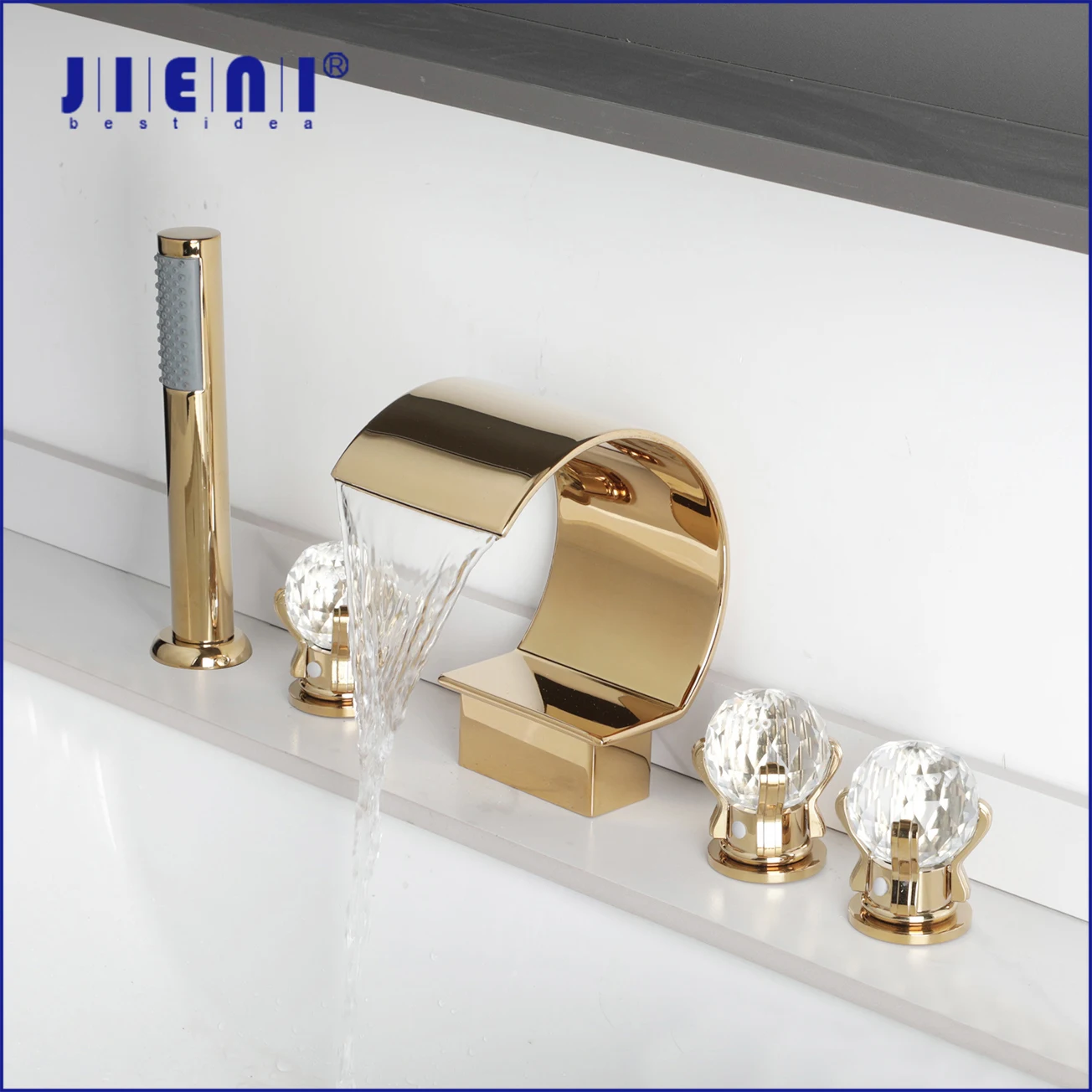 

JIENI Solid Brass 5 Pcs Waterfall Gutter Bathroom Bathtub Faucet Set Cover Valve Handheld Shower Deck Mount Golden Finish Taps