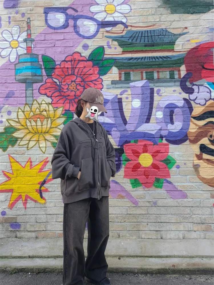 Sweat-shirt à capuche zippé pour femme, coupe ample, manches longues, en coton, vêtement d'extérieur, longueur classique, pour les trajets quotidiens