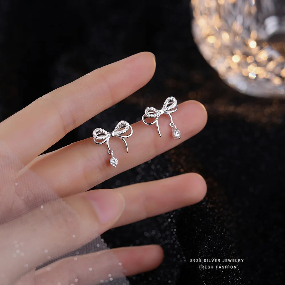 Simulated Moissanite Sweet Bowknot Stud Earring D Color VVS1 Diamond 925 Sterling Silver for Women Wedding Fine Jewelry Brincos