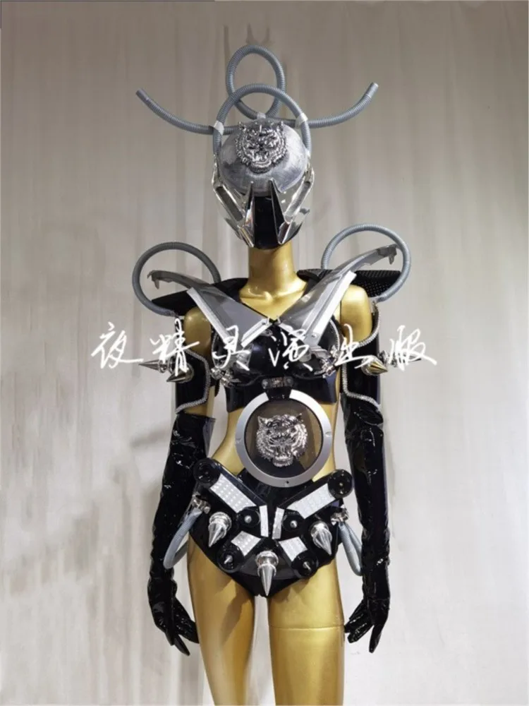Future Technology Sense Machine Armor Warrior Tiger Head Headwear Gogos Stage Performance Outfits