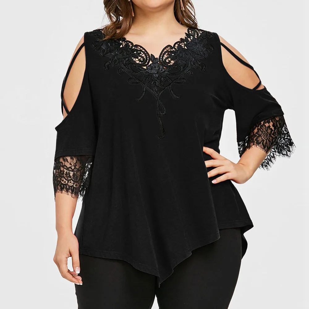 Loose Blouses Women Tops Street Wear Off Shoulder Lace Tee Shirt Tunic Shirt Female Plus Size Sexy V Neck Elegant Blouse Blusa