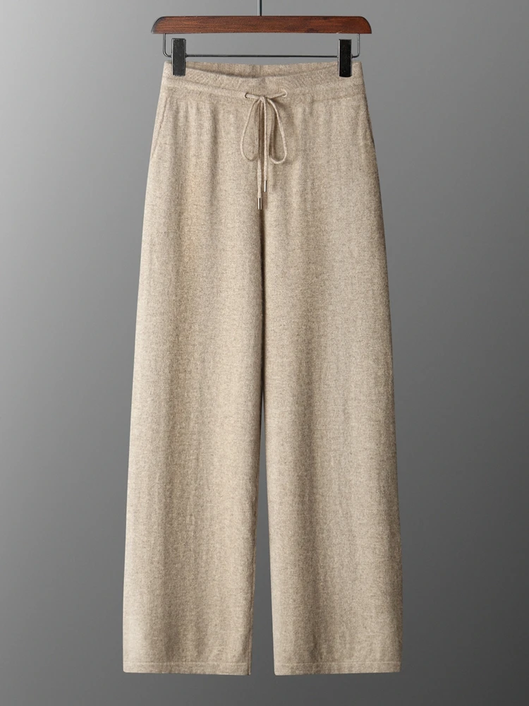 TLOML Men's 100% Merino Wool Knitwear Spring Autumn Wide Leg Pants Soft Warm Smart Casual Trousers Elasticity Waist Basic Pants