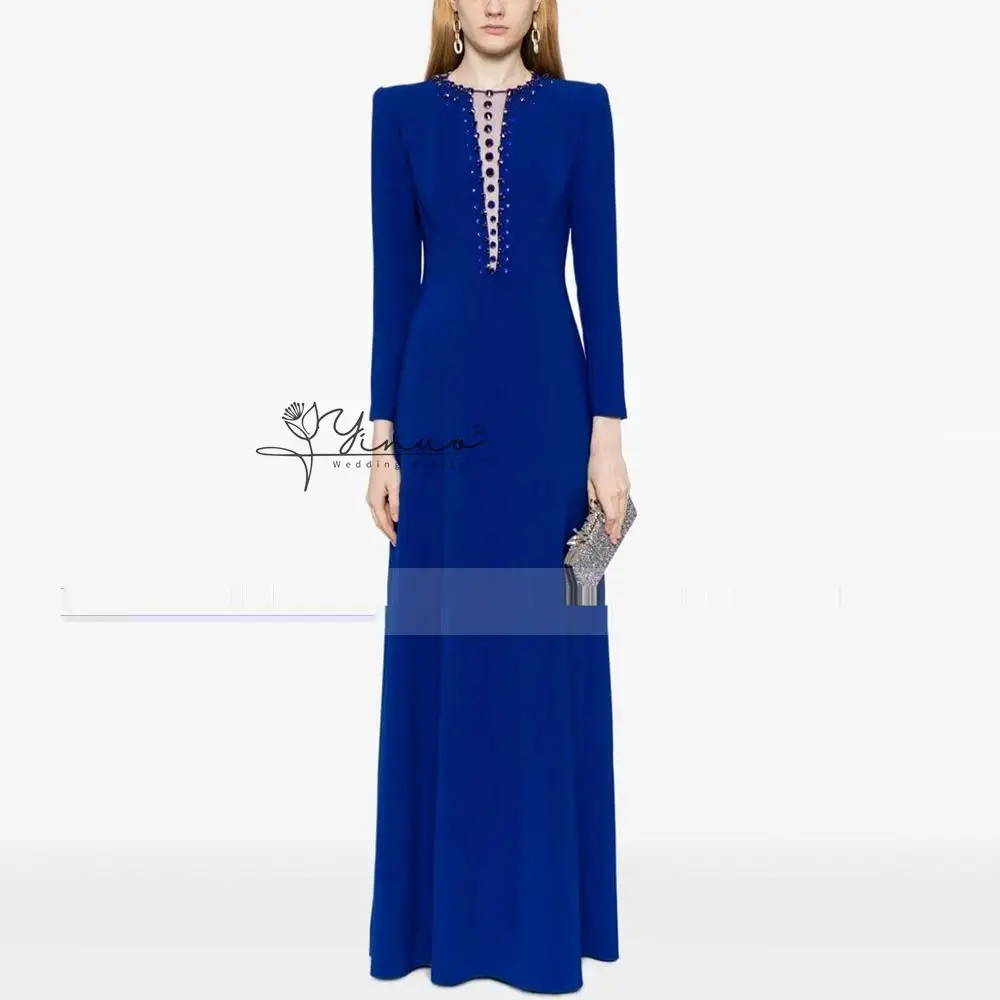 

Customized Evening Dress Crystal Deep V Neck Dark Royal Blue Wedding Party Dresses Long Sleeves Mermaid Women's Formal Evening