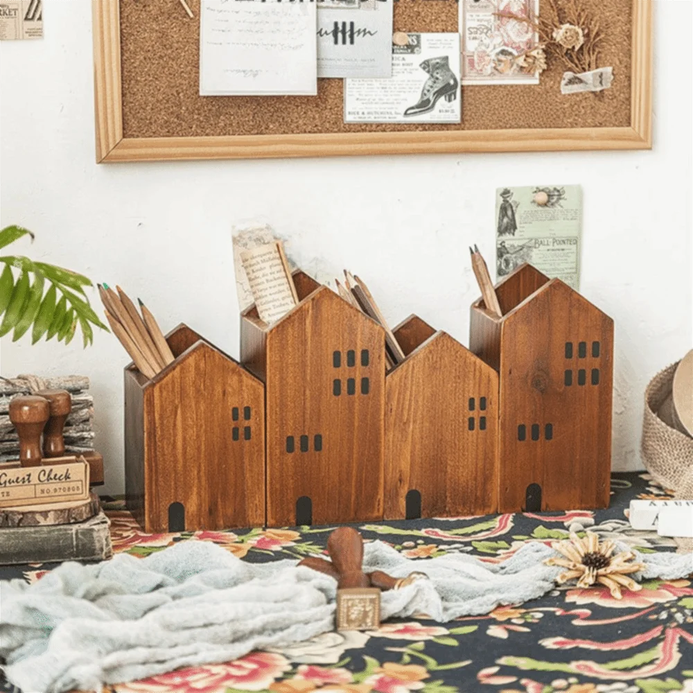 2PCS Wooden House Shape Pen Container Cartoon Polished Surface Makeup Brush Storage Box Vintage Cottage Shape Pen Holder Office