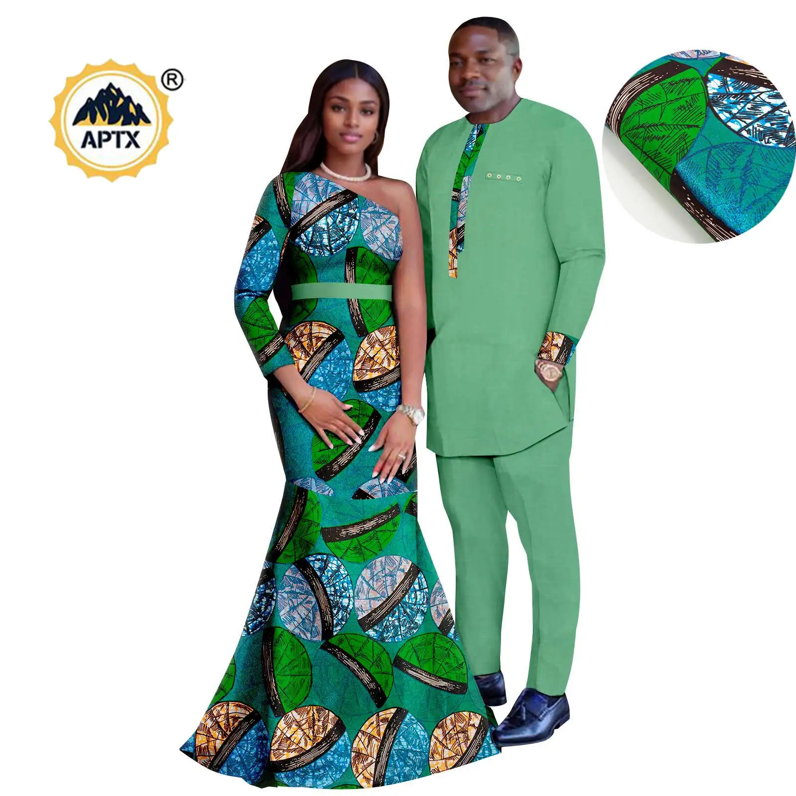 African Shining Print Dresses for Women Matching Couple Outfits Dashiki Men Top Shirt and Pant Sets Bazin Wedding Outwear 24C034