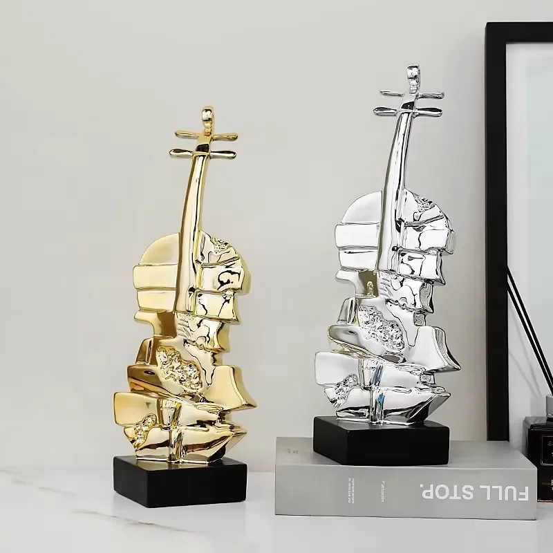 Custom Light Home Decor Items Art Accents Living Room Modern Table Statue Ornament Electroplated Resin Violin