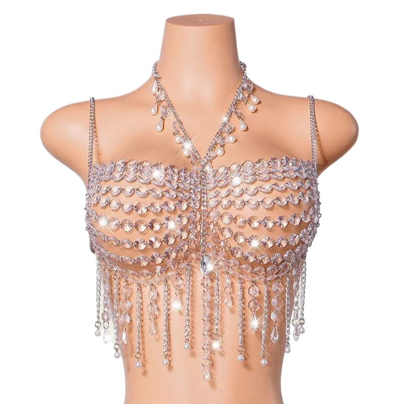 Damen Strass Perlen Quasten Körperkette Neckholder Crop Top Sexy Kristall Harness Cami Top Halloween Festival Club Party Y2K Outfit – Detail 5