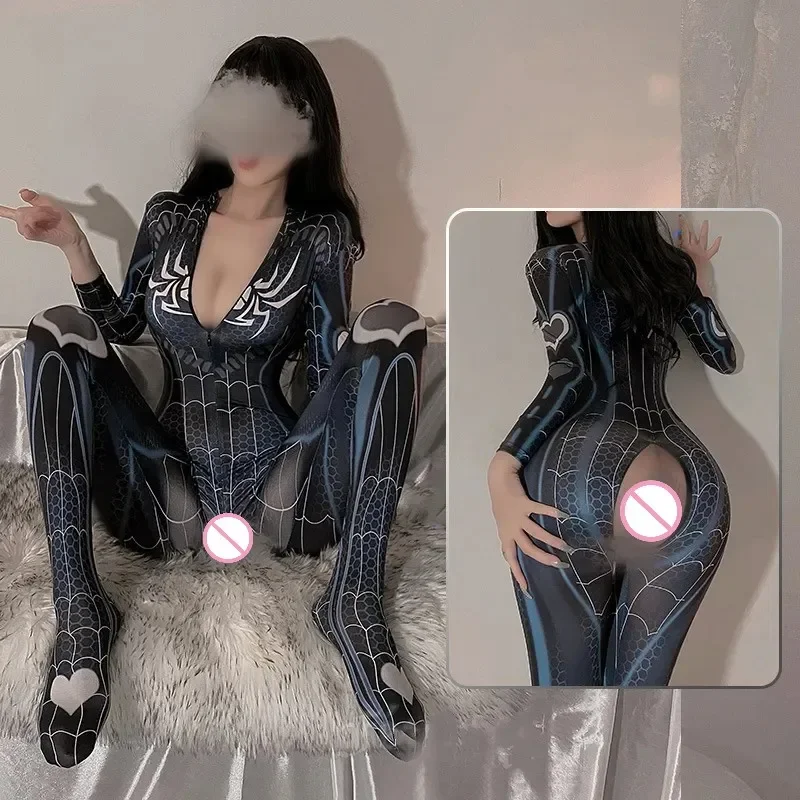 

Anime Sexy Lingerie Erotic Underwear Spider Woman Uniform Temptation Chest Zipper Open Crotch Jumpsuit Cosplay Costumes