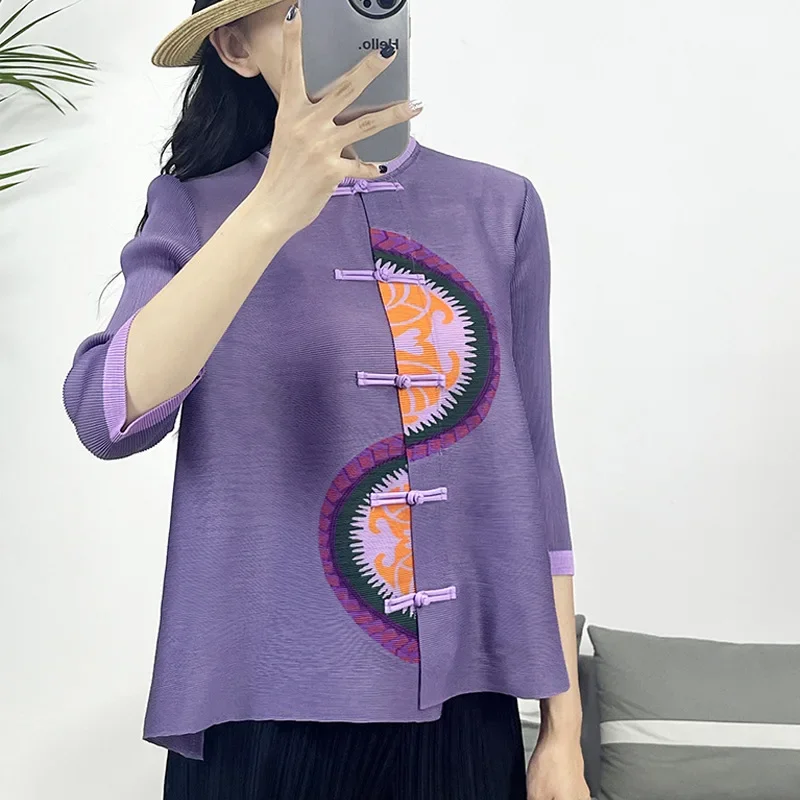 

Miyake Pleated Top New Style 2024 Spring Loose Casual Long-sleeved Printed Color Block T-shirt Women Versatile Slim Pleated Top