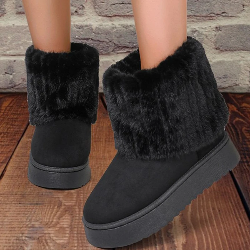 Shoes for Women Winter Slip on Women's Boots Black Round Toe Solid Flock Plush Warm Mid Heel Water Proof Casual Snow Boots Women - view 6
