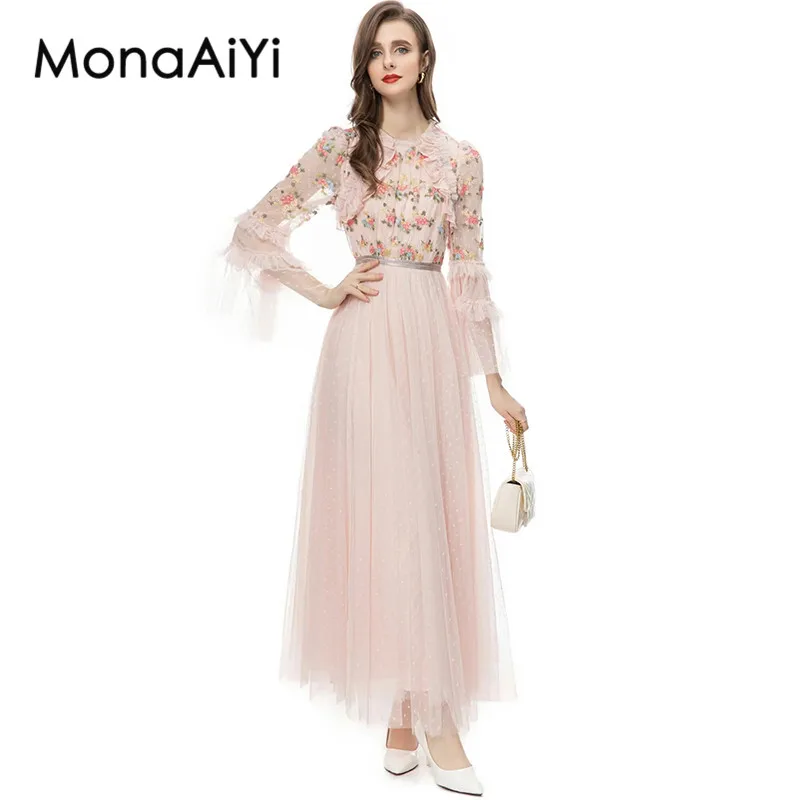 

MonaAiYi Spring Summer Women's Dress Flare Sleeved Mesh Embroidery Flounced Edge Elegant A-Line S-3XL Dresses