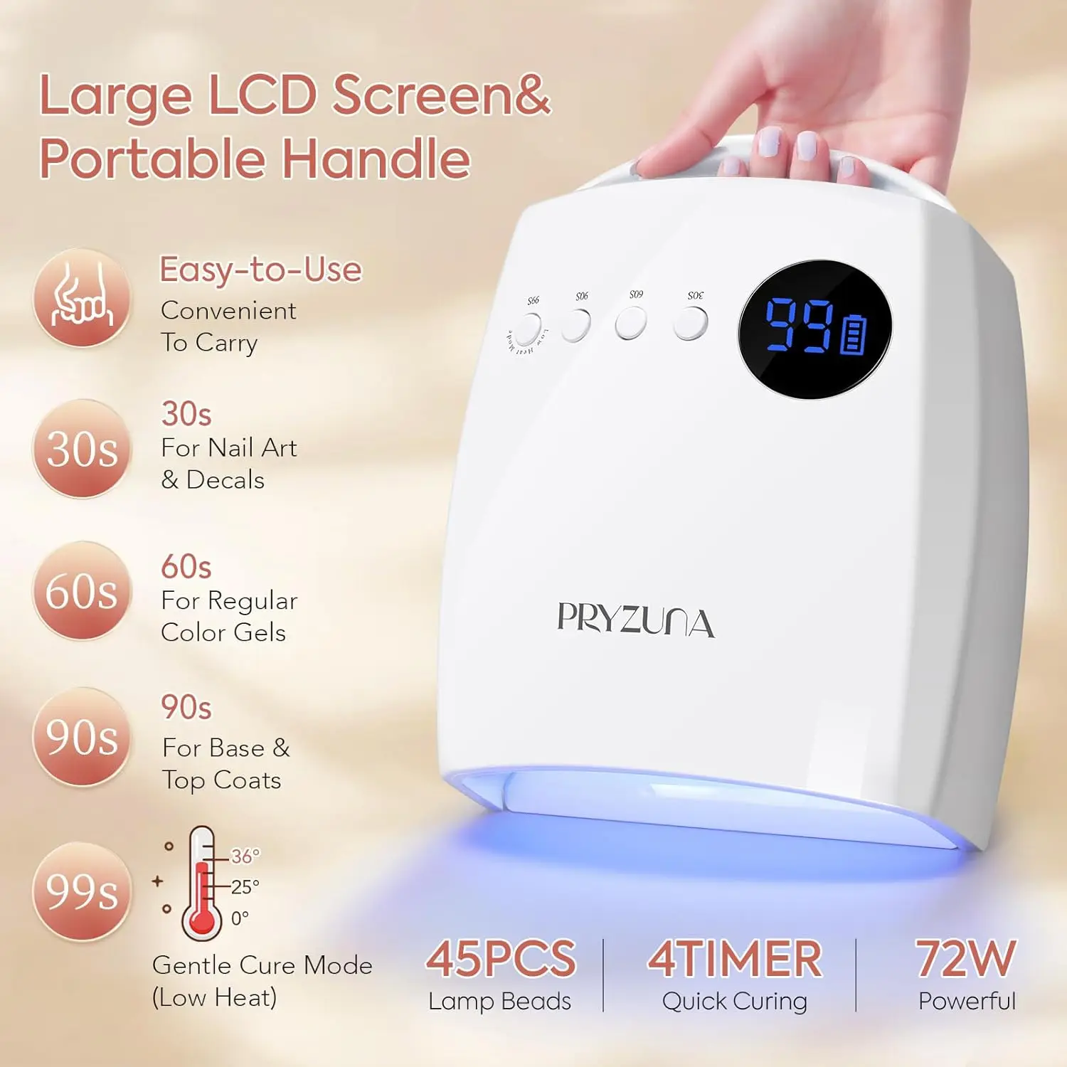 مصباح أظافر LED لاسلكي بالأشعة فوق البنفسجية بقدرة 72 وات، معالجة سريعة قابلة لإعادة الشحن مع 4 مؤقتات، مستشعر ذكي، محمول للصالون والمنزل