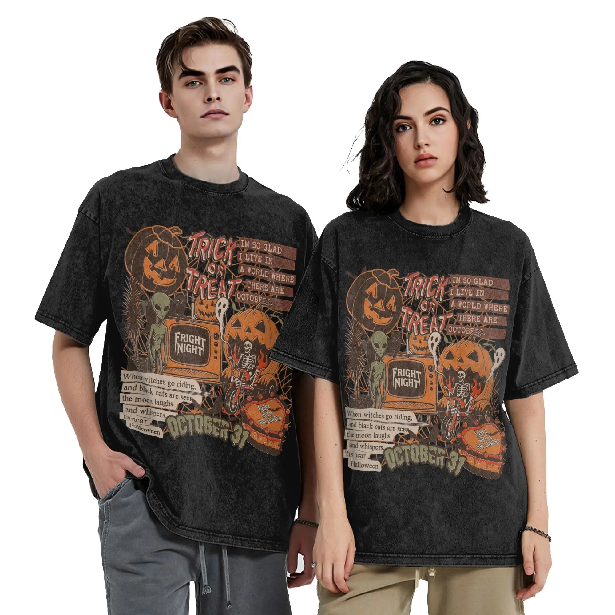 Retro Halloween Spooky Ghost T Shirts Hip Hop Washed Cotton Oversize T-Shirts  Vintage Men Women Tops Streetwear Printed Tees