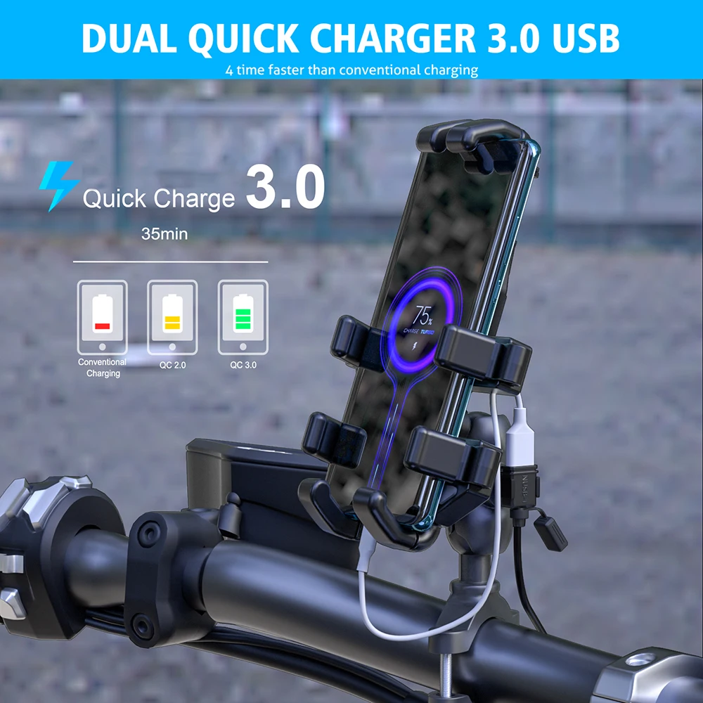 

USB Motorcycle Charger Dual USB Port Waterproof Motorcycle Handlebar Charger SAE Version Configuration 12V-24V Quick Charger 3.0