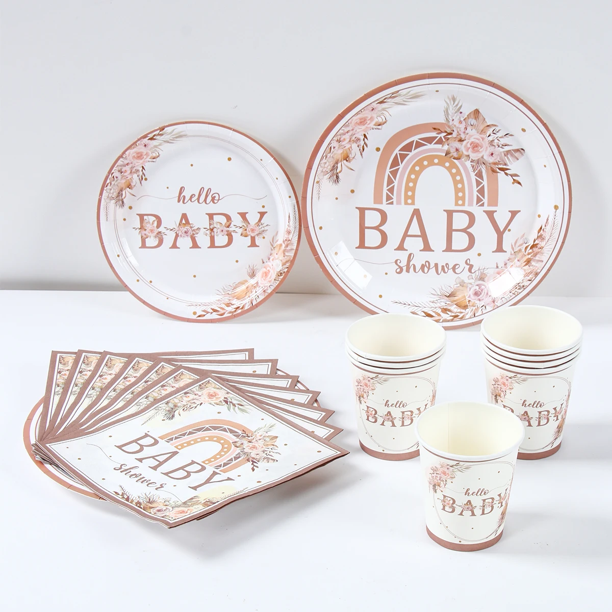 Babyparty-Partyteller, Servietten, Geschirr, Bohemian-Pampasgras, Blumenmuster, Regenbogenbogen, Partygeschirr für hallo Baby-Events