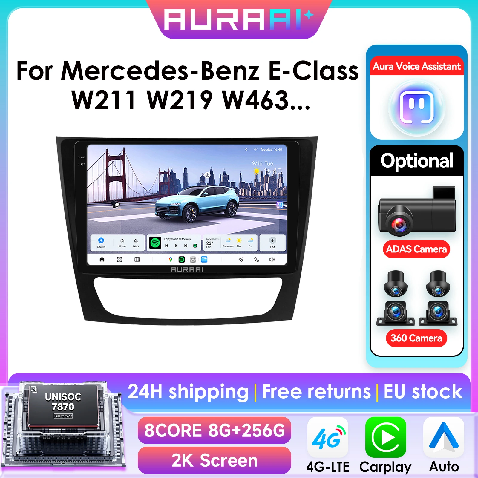 8G 256G AI 2K Bildschirm Android 13 Autoradio für Mercedes-Benz E-Klasse W211 W219 W463 Autoradio kabelloses CarPlay Android Auto 4G GPS BT DSD ADAS Dual-Mikrofon 360-Grad-Kamera