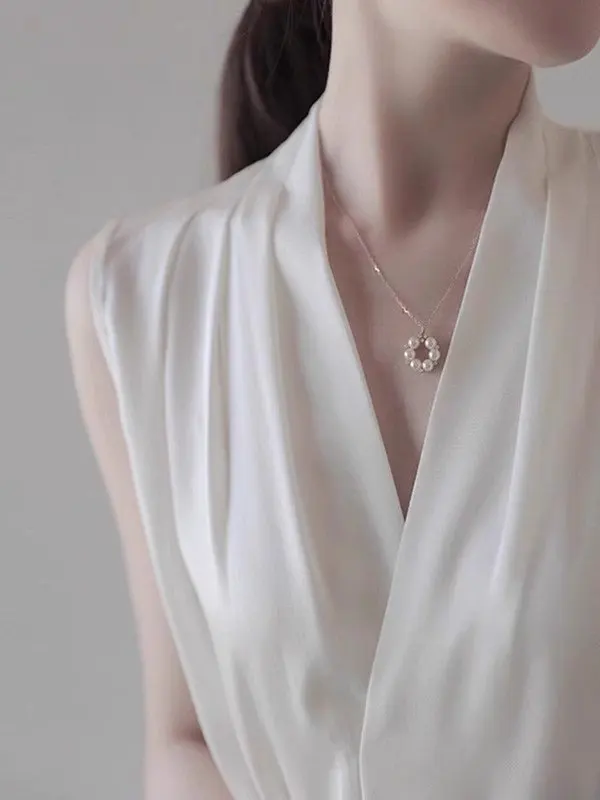 Silk V-Neck Strapless Tank Top White Satin Spring Autumn Suit Inner Wear Triacetate Sleeveless Hanging Neck Top Women's T-shirt