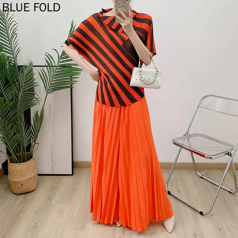 

Комплект из нестандартной формы в полоску со складками + широкие брюки, новая женская одежда MIYAKE PLEATS, комплект из 2 предметов, женская одежда, комплект брюк