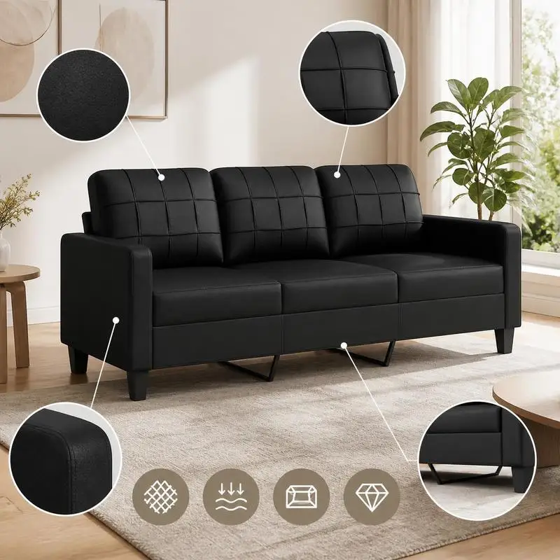 Canapé 3 places noir simili cuir 198x77x80 cm, assise 180 cm, rembourrage en mousse, structure métallique stable, revêtement anti-taches facile d'entretien, aspect cuir chic, rembourrage confortable, salon chambre, capacité de charge 110 kg par siège, assemblage nécessaire