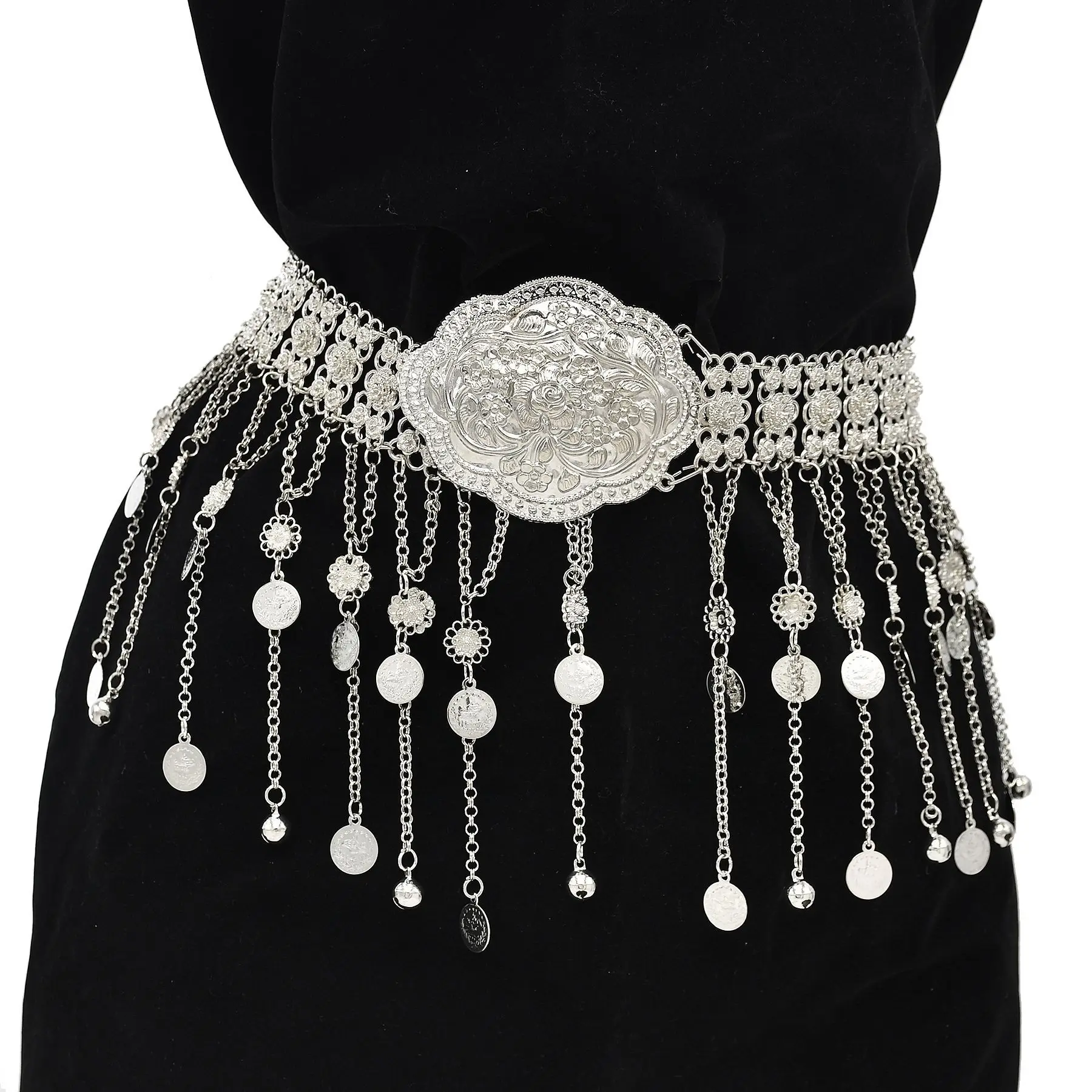 Vintage Oxidized Silver Color Metal Belly Chains for Women Ethnic Coin Long Tassel Dance Dress Waist Body Chain Gypsy Indian