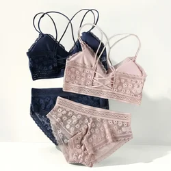 Women Lace Bra And Briefs Set Backless Bralette Solid Color Underwear Wireless Lace Bra Top Sexy Lingerie Set Female Intimates