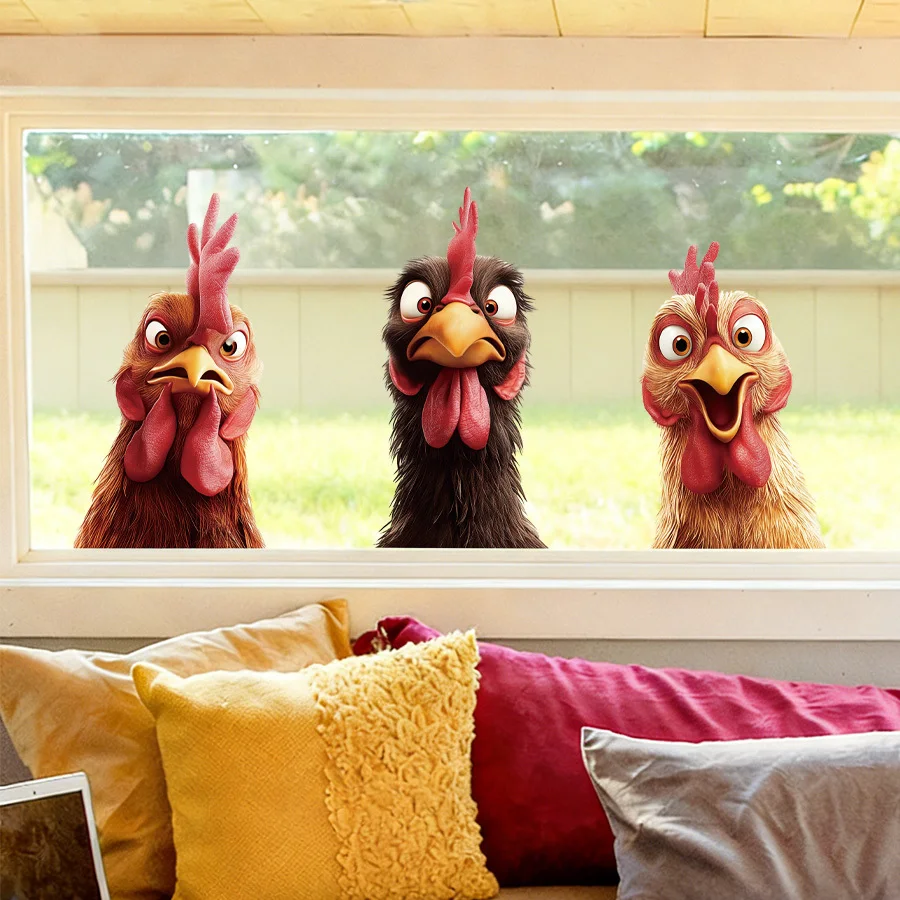 Surprise Peeping Chicken Window Cling, Cartoon Hens With Hilarious Expressions, Removable Static Cling Decal For Kitchen Window