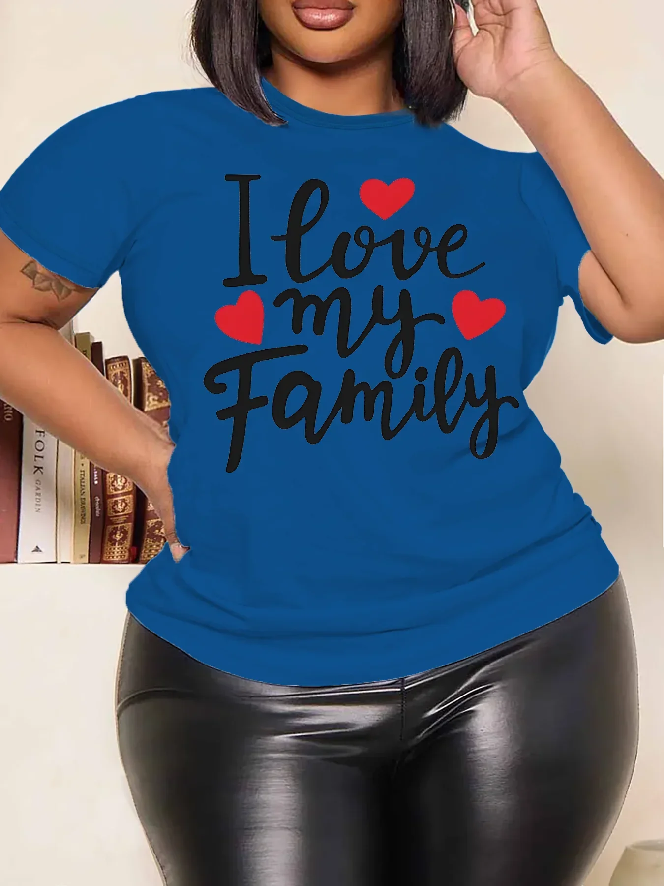 T-shirt à manches courtes et col rond pour femme, haut décontracté, avec lettres imprimées, I Love My Family, grande taille, Y2K, été