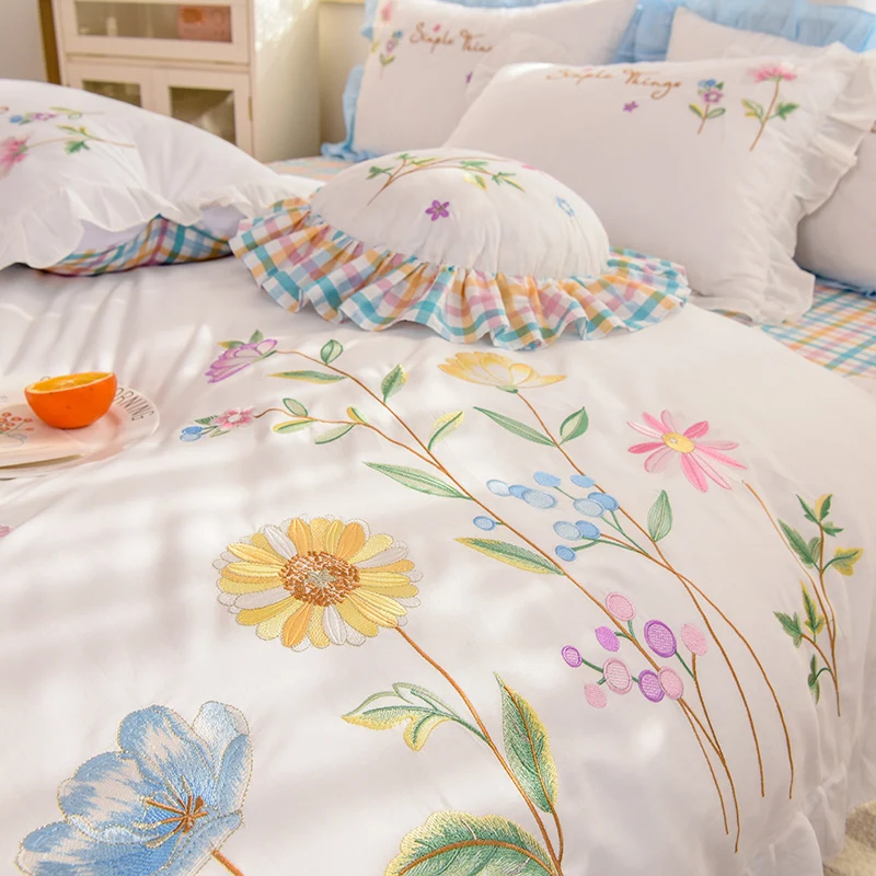 Imagem -04 - Pastoral Estilo Conjunto de Cama com Flores Bordadas Algodão Duvet Cover Roupa de Cama Lençol Fronhas Têxteis Lar Branco