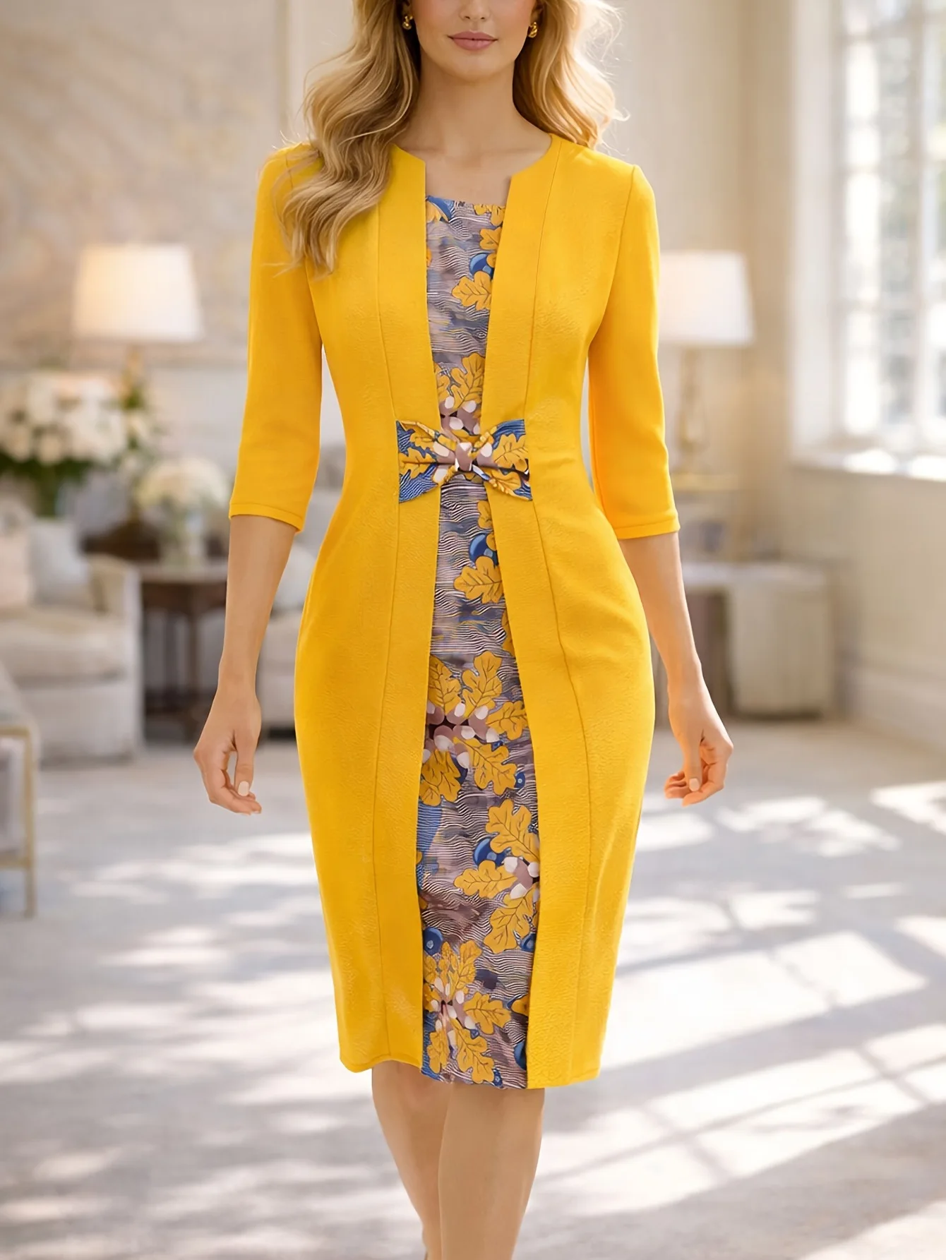 

Summer new dress with square neckline design and long sleeved printed patchwork bag skirt