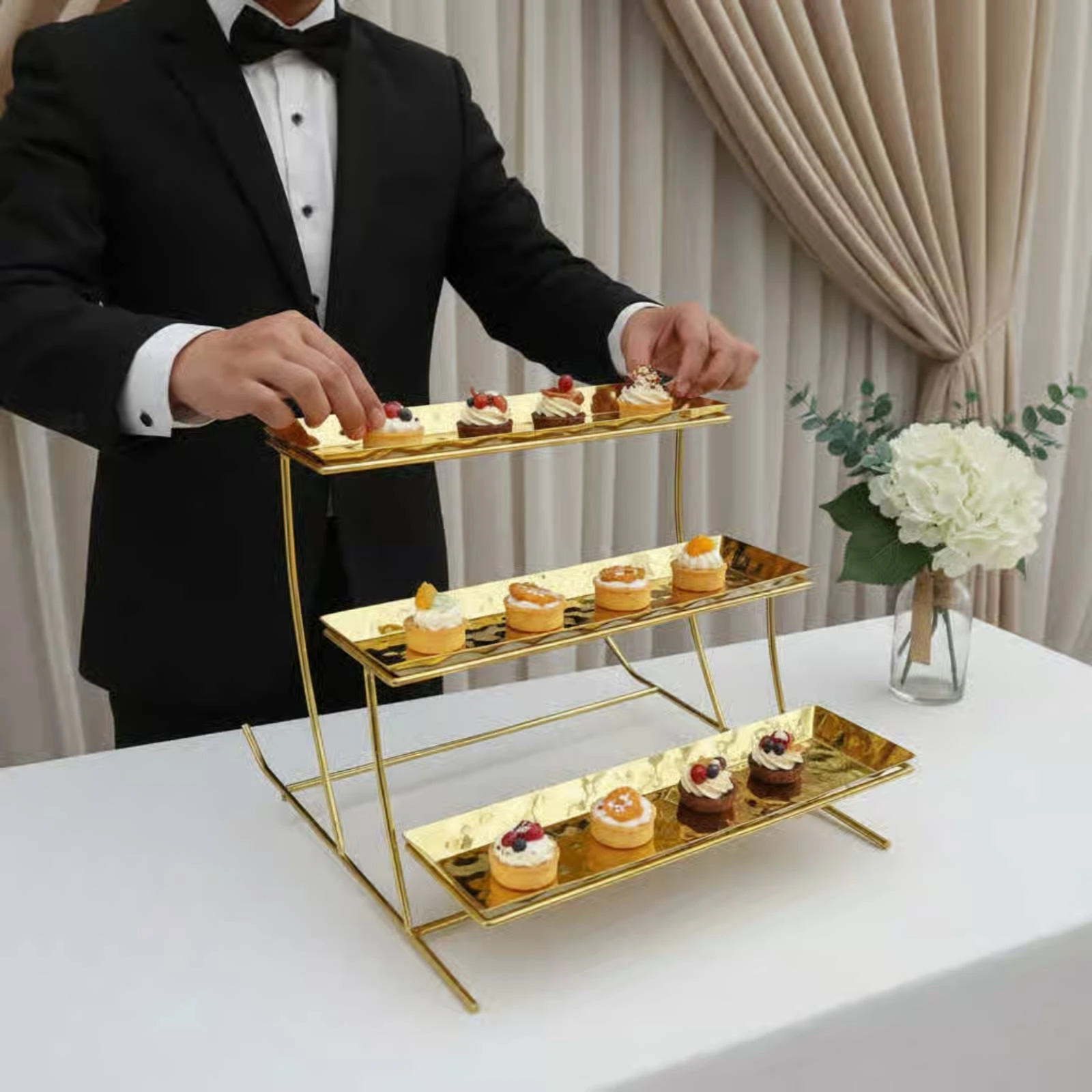 Three-Tier Display Rack Gold-Tone Dessert Display Stand Serveware Rectangular Trays Tableware Metal Frame for Buffet Table