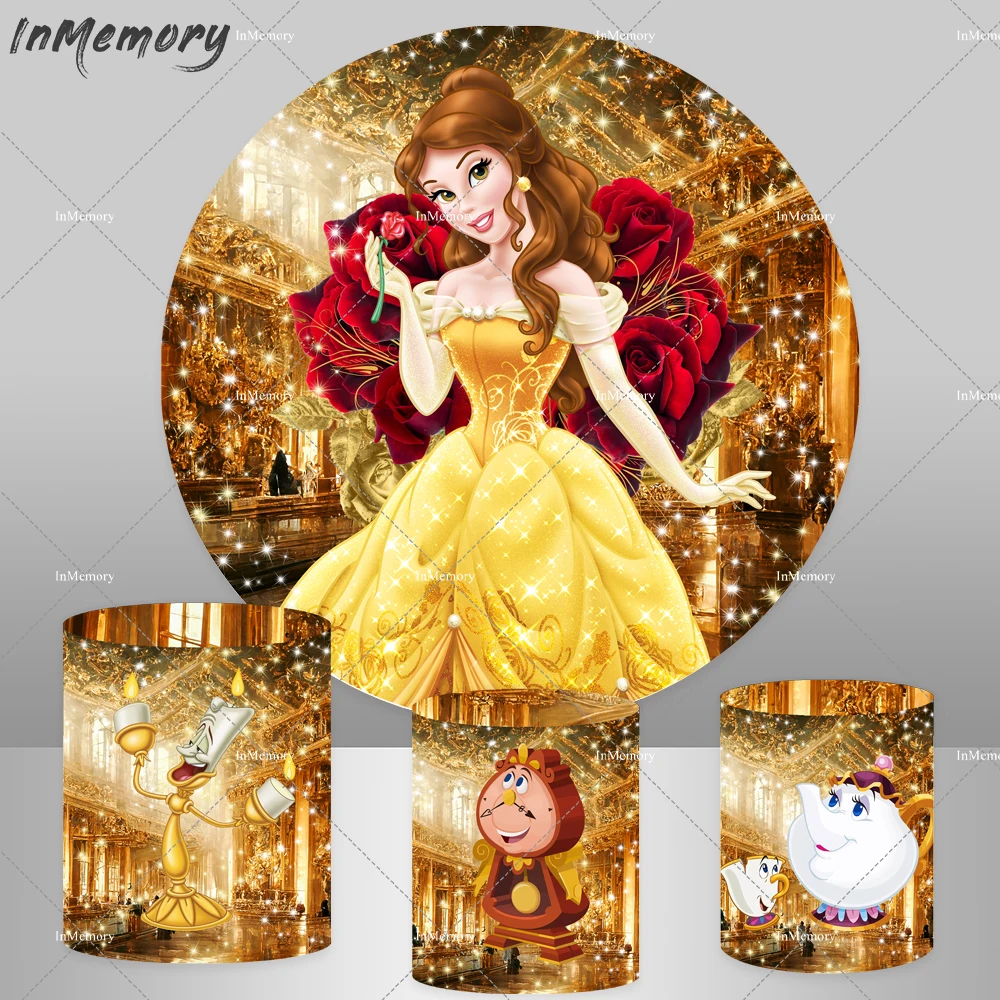 Golden Luxurious Palace Beauty and The Beast Round Backdrop Cover for Girl Birthday Party Decoration Red Rose Castle Background