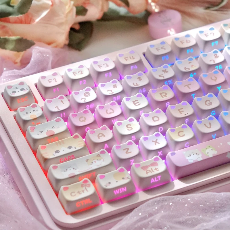 113 Key Cute Transparent Cat's Ears Keys Cap Cute Keycaps PBT MAO Profile for ANSI Mechanical Keyboard Made68 Mad68 Wooting 60