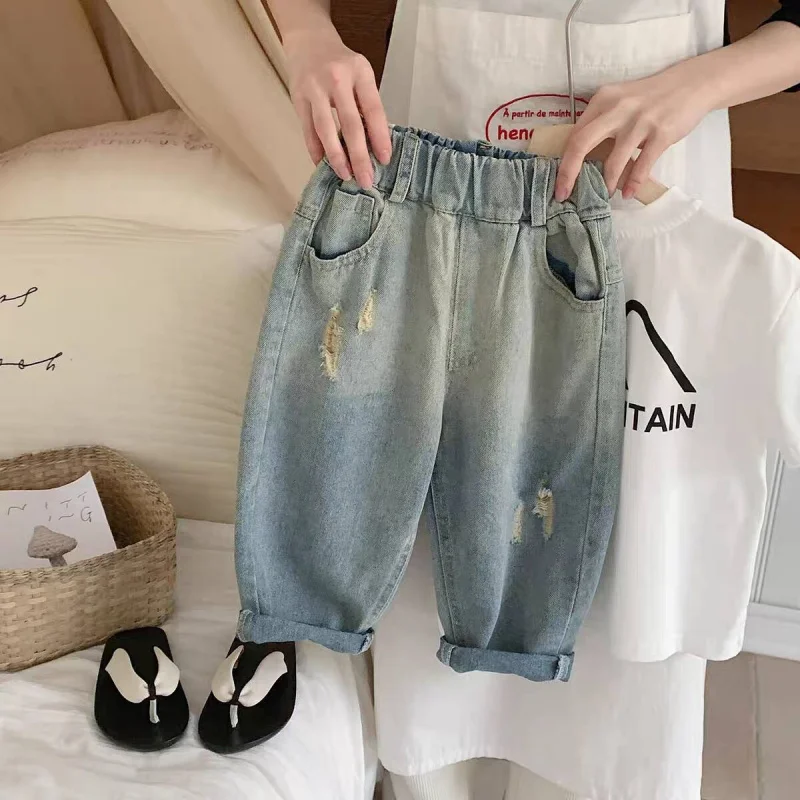 Autumn New Spring and Autumn Crawler Children's Gradient Ripped Jeans Boys' Cropped Pants Fashion Fashion