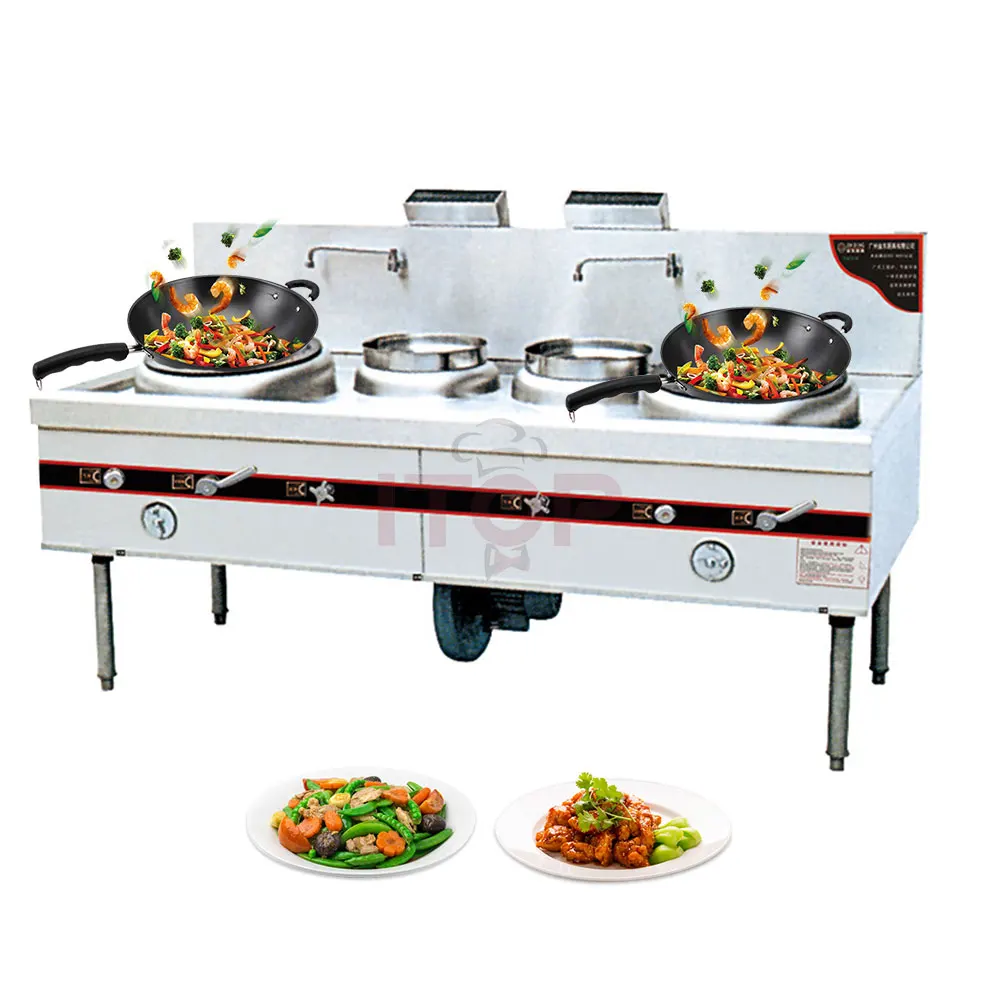 Commercial Restaurant 304 Stainless Steel Fire Brick Double Burner Gas Stove With Water Basins