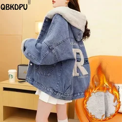 Winter Letter Flocking Hooded Jean Jackets Women Casual Loose Fleece Lined Denim Coats Korean Plus Velvet Warm Jaqueta Jeans