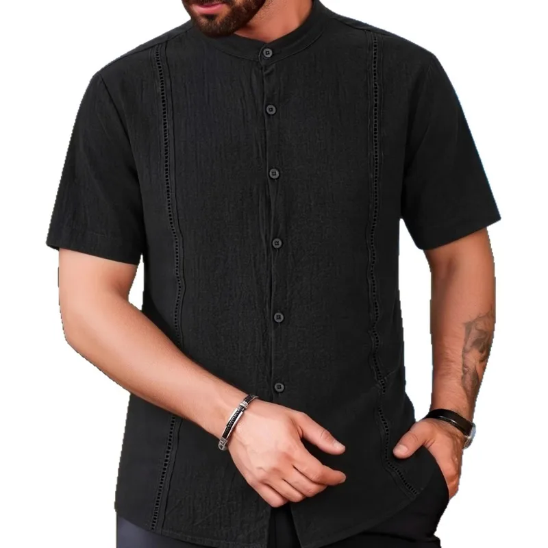 

Men's Linen Cotton Manin Collar Short Sleeve Shirt Casual Button Down Beach Top